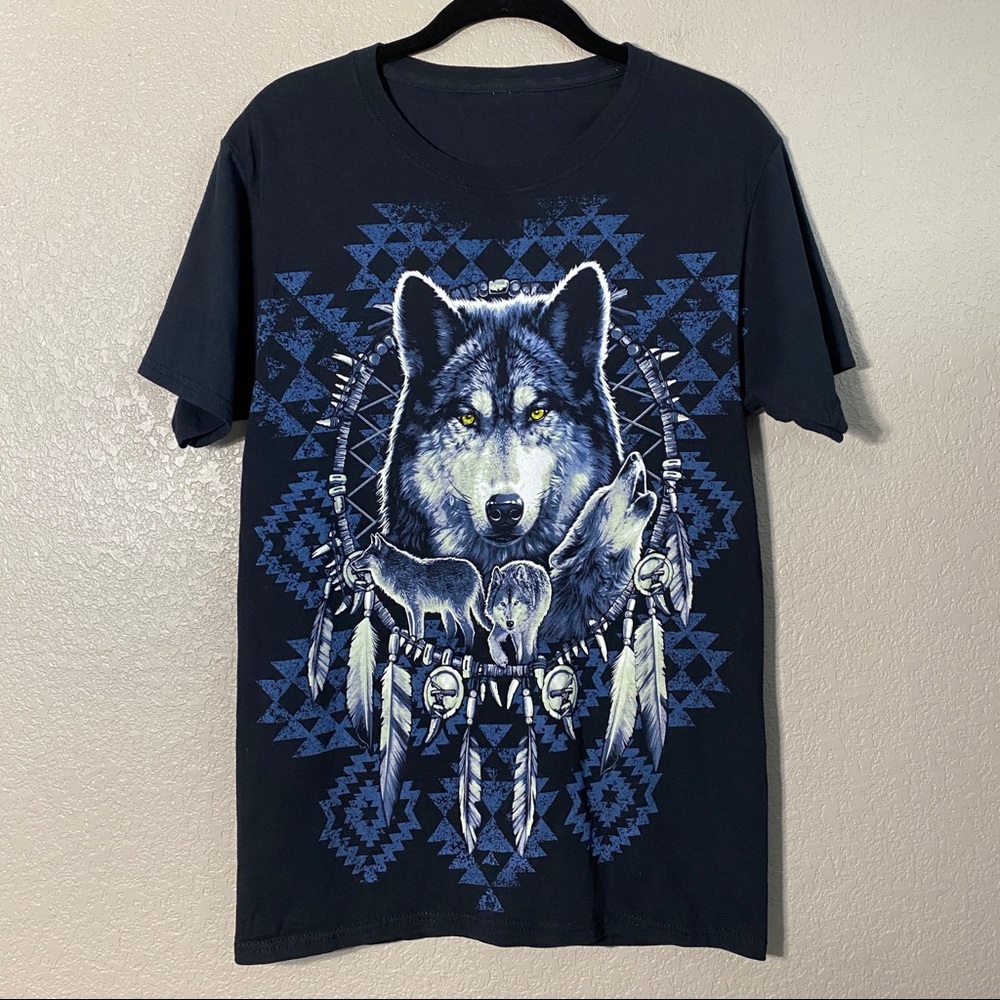 Vintage 90’s Y2K Black Large Wolf Print Southwest Short Sleeve Tee Sm